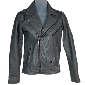 PELECHECOCO Reworked Leather Moto Jacket Women's XS Gray Asymmetrical Zip Belted